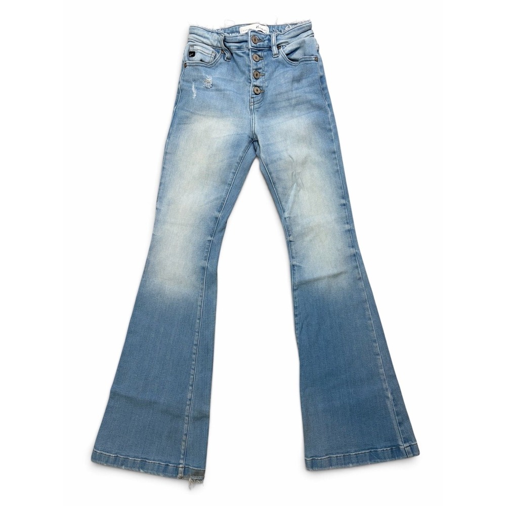 Kancan Women's Flare Jeans Button Fly Distressed Blue Denim